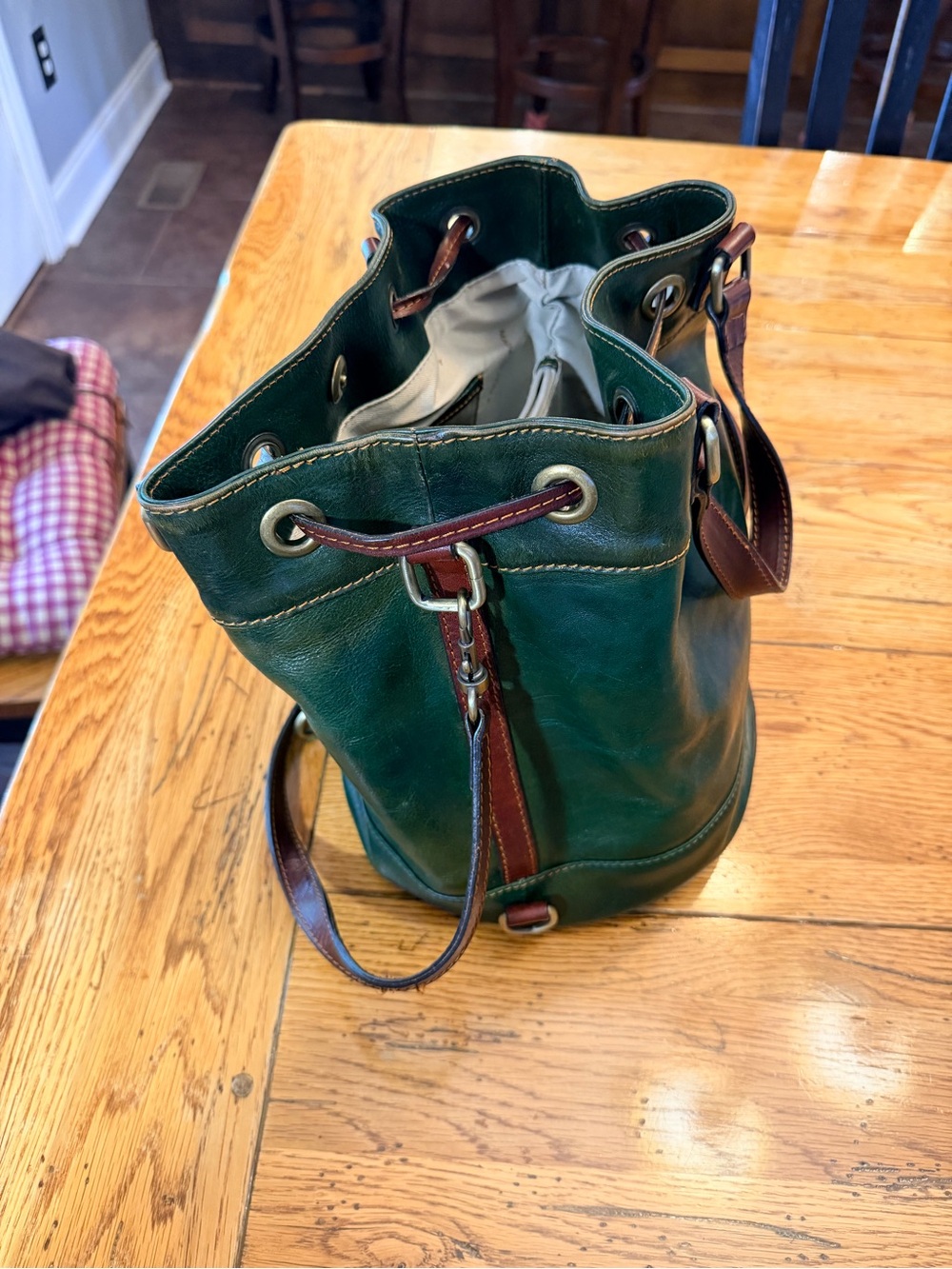 Time Resistance Green Italian Leather Drawstring Bucket Bag with Brown Trim - Picture 7 of 15